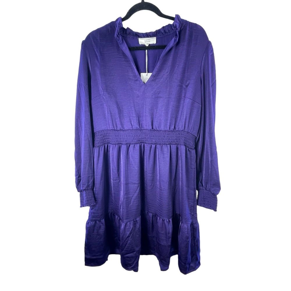 Lucky Brand Purple Satin Ruffle V Neck Knee Length‎ Dress NEW